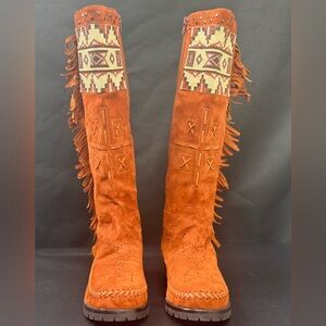 Embroidered Suede Moccasin Boots - Orange